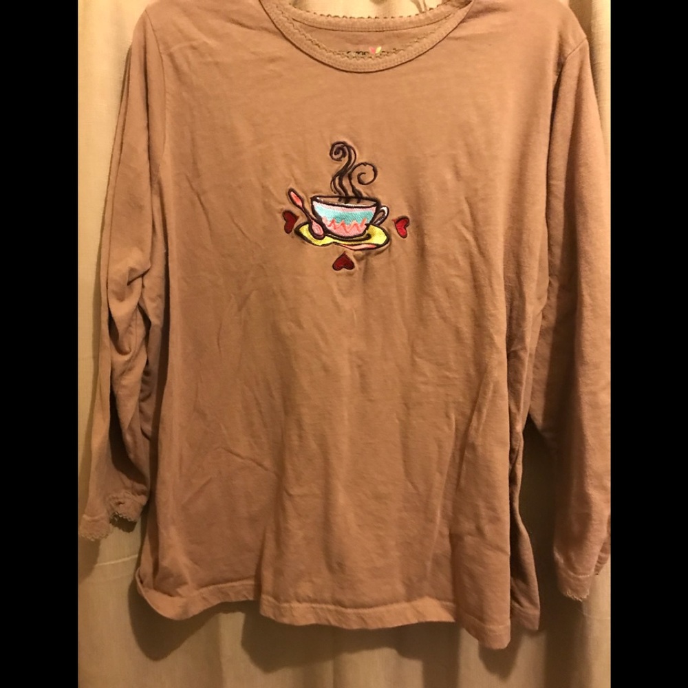 Dreams & Co L chocolate brown long sleeve coffee tea cup featured top